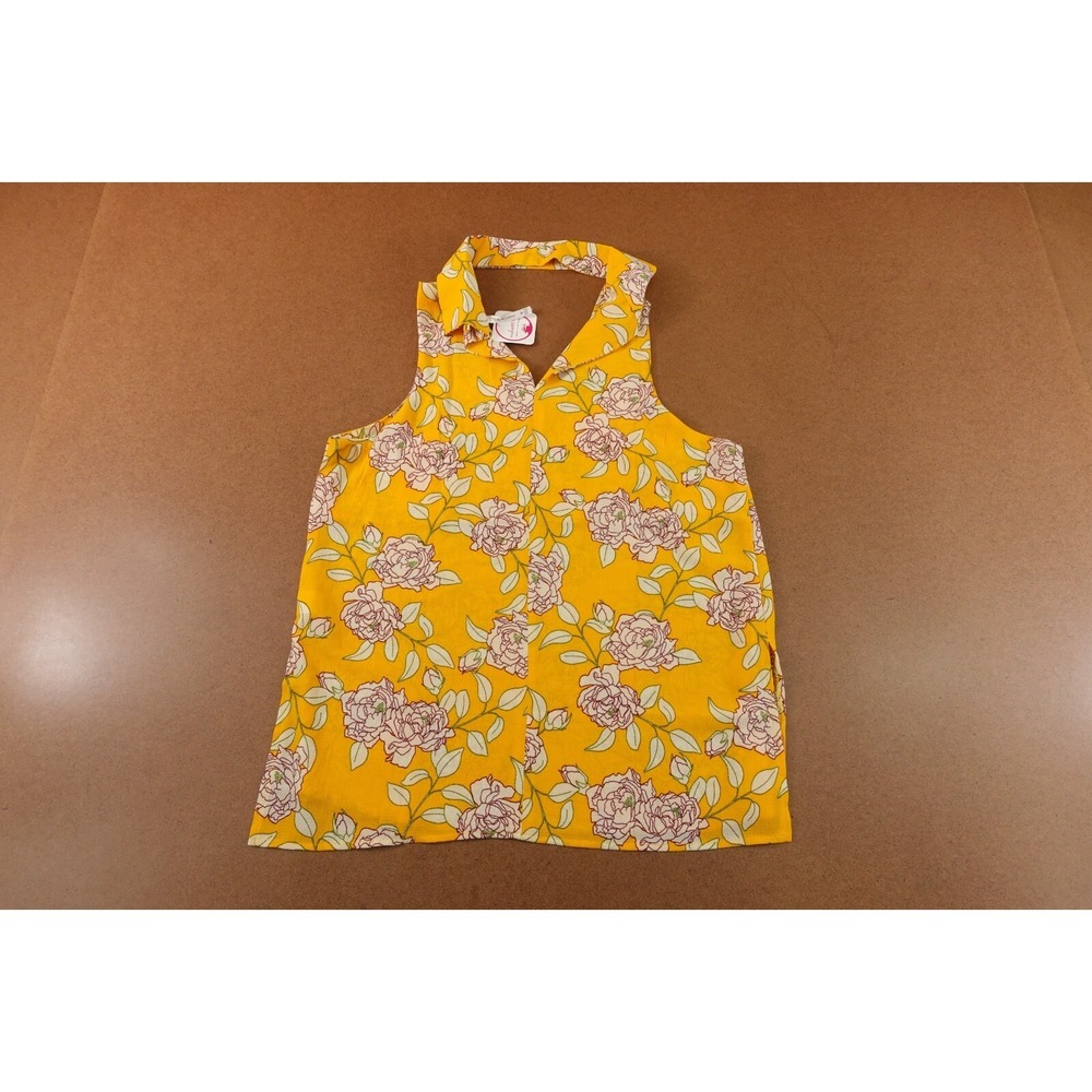 DNA Couture Womens Size Medium Mustard Floral Halter Neck Pullover Tank Top NWT